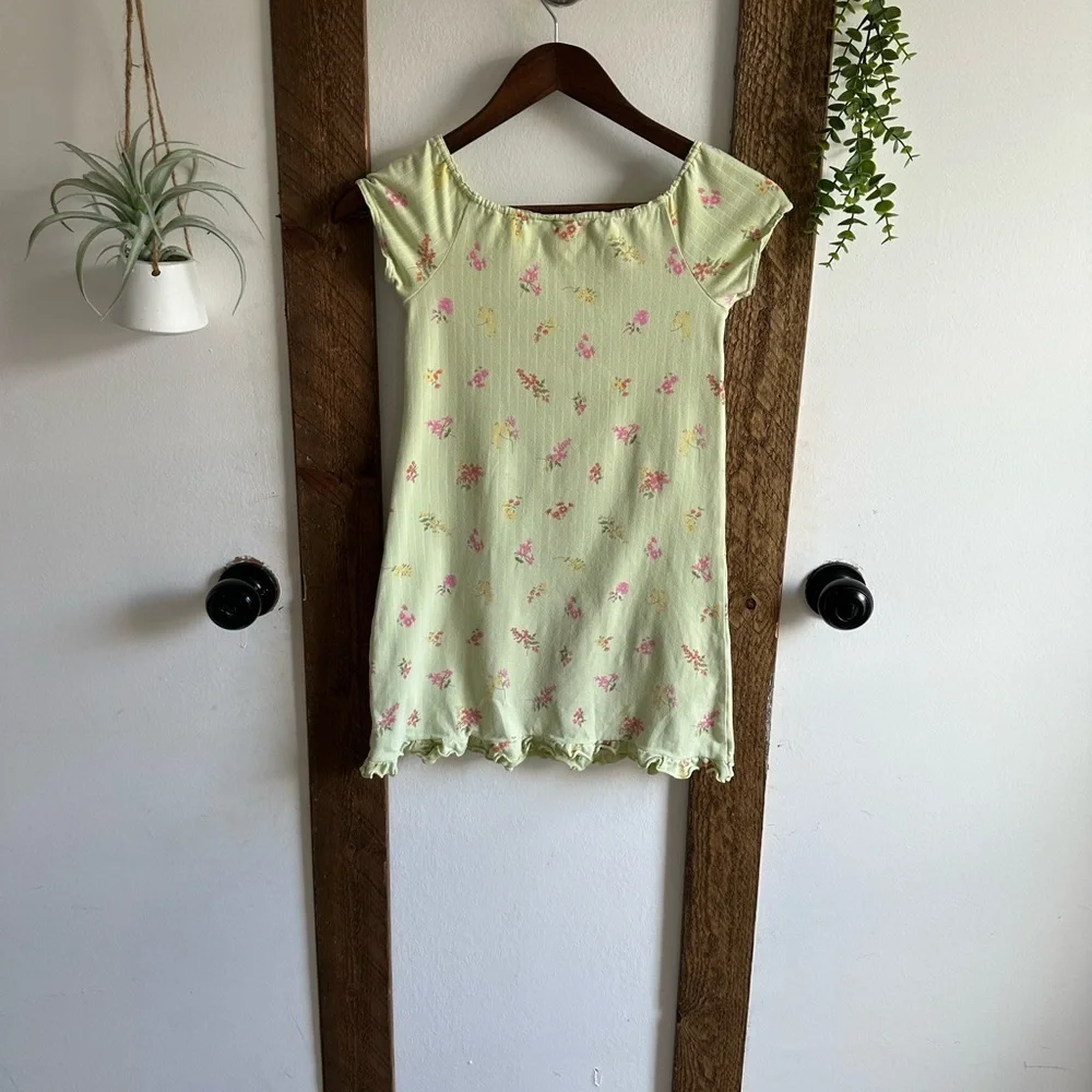 Vintage Gymboree Girl’s Peasant Front Floral Green Dress Pink Accents Size 6